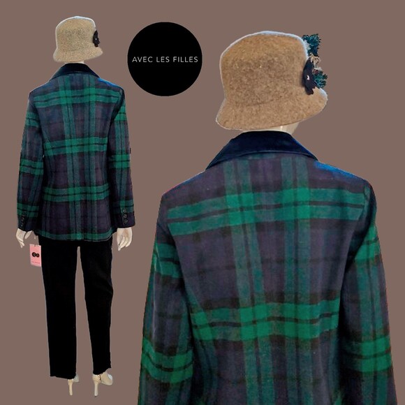 AVEC LES FILLES NEW Preppy Plaid Velour Collar Double Breast Jacket M - Picture 9 of 11